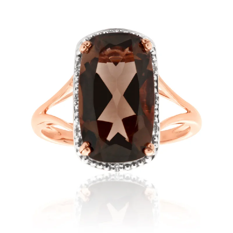 9ct Rose Gold 4.00 Carats Smokey Quartz and Diamond Ring  *No Resize*