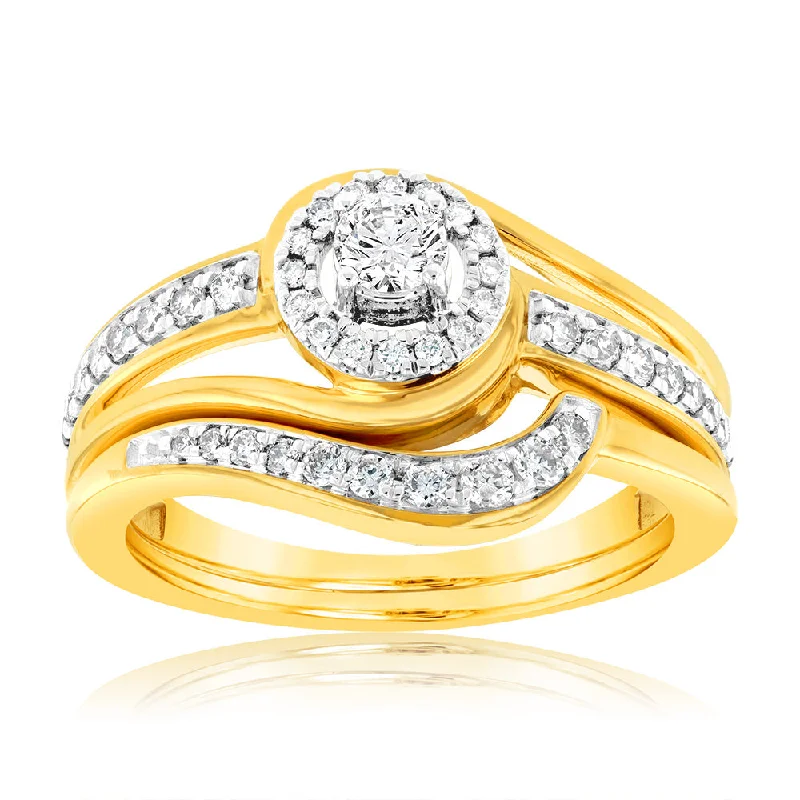 9ct Yellow Gold 1/2 Carat Diamond Bridal Set Ring with Halo Setting