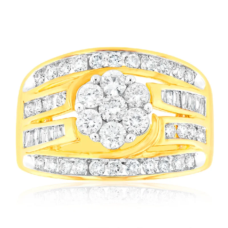 9ct Yellow Gold 2 Carat Diamond Ring with Beautiful Brilliant and Tapered Diamonds