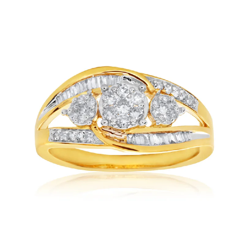 9ct Yellow Gold Diamond Ring  Set With An Assortment Of Brilliant and Baguette Diamonds