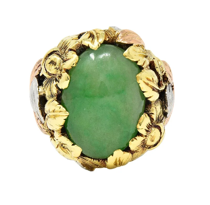 Arts & Crafts Jade Platinum 18 Karat Two-Tone Gold Antique Rose Floral Flower Signet Ring GIA