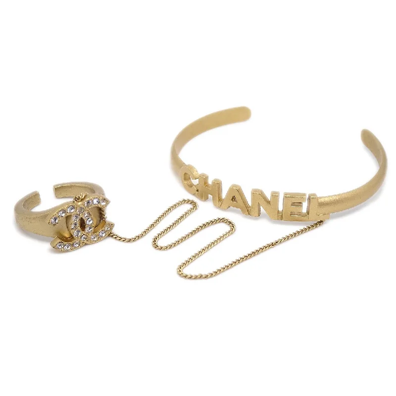 CHANEL 2001 Rhinestone Bangle Ring Gold #5.5