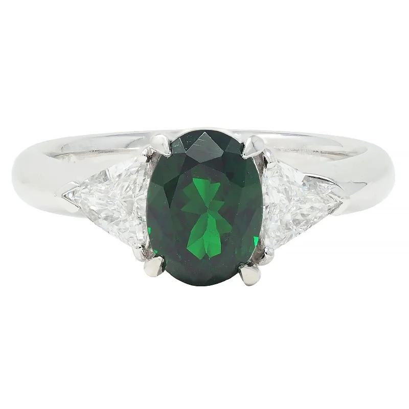 Contemporary 2.19 CTW Tsavorite Garnet Diamond Platinum Three Stone Ring