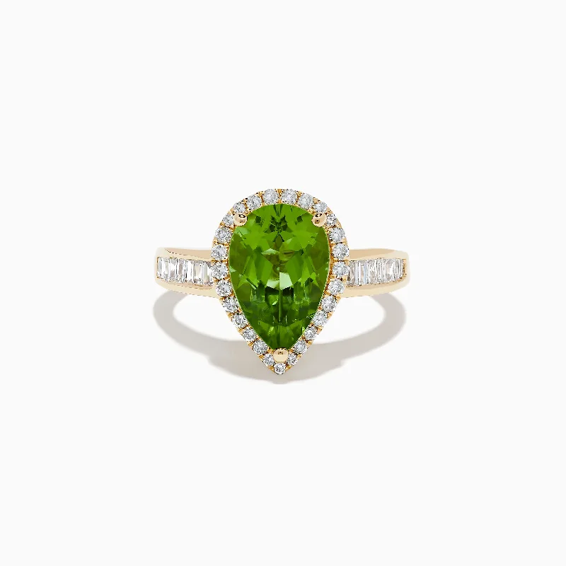 14K Yellow Gold Peridot and Diamond Teardrop Ring