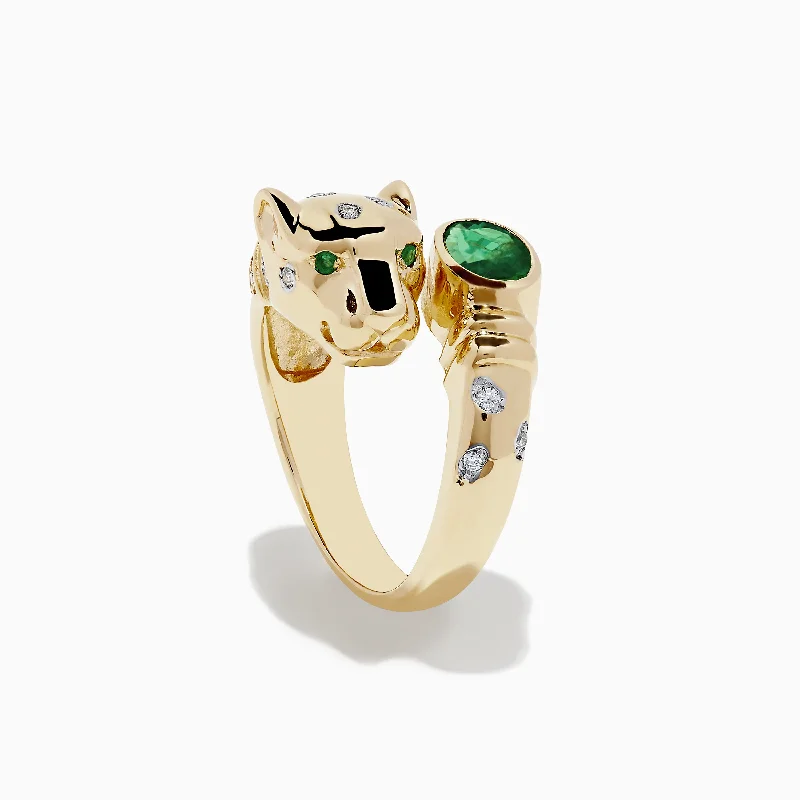 Signature 14K Yellow Gold Emerald and Diamond Panther Ring, 0.95 TCW