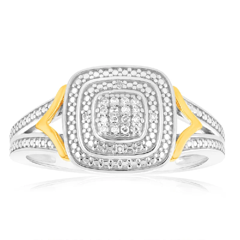 Sterling Silver & 9ct Yellow Gold Diamond Cushion Ring with 20 Brilliant Cut Diamonds