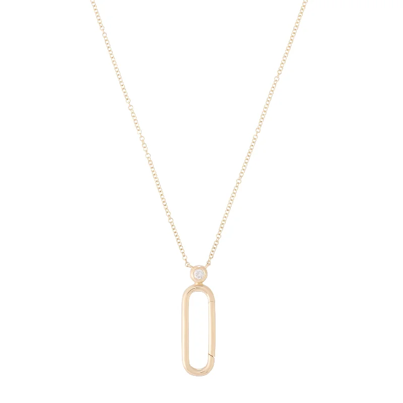 Bezel Diamond and Solid Gold Single Paper Clip Link Carabiner Necklace