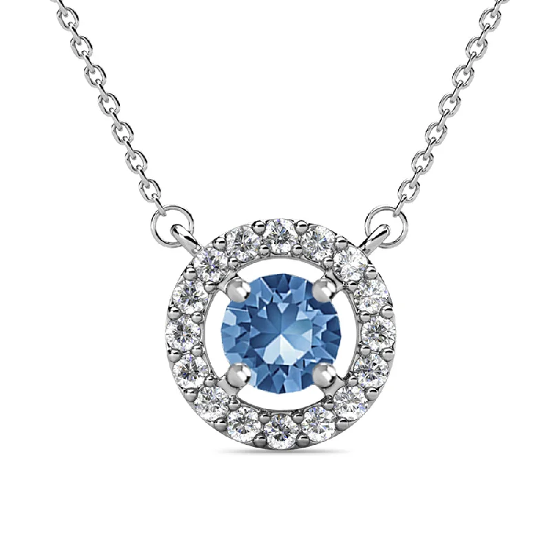 Royal 18k White Gold Plated December Birthstone Halo Necklace with Round Cut Blue Topaz Swarovski Crystals