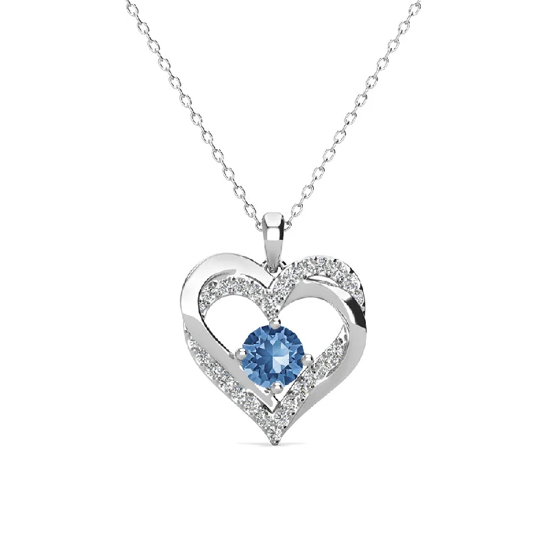 Forever December Birthstone 18k White Gold Plated Silver Double Heart Blue Topaz Necklace with Swarovski Crystals