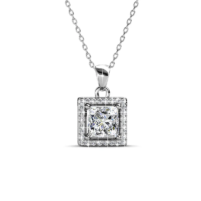 Ekatrina 18k White Gold Plated Halo Pendant Necklace with Sparkling Square Cut Swarovski Crystal