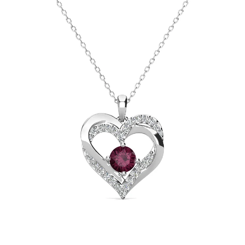 Forever February 18k White Gold Plated Amethyst Birthstone Double Heart Necklace with Swarovski Crystals