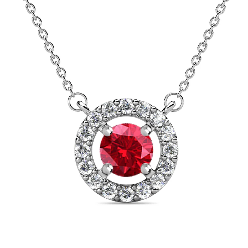 Royal 18k White Gold Plated July Birthstone Halo Necklace with Round Cut Ruby Red Swarovski Crystals