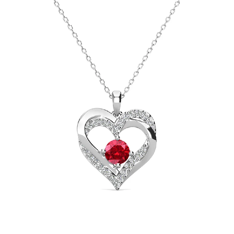 Forever July Birthstone 18k White Gold Plated Silver Double Heart Ruby Necklace with Swarovski Crystals