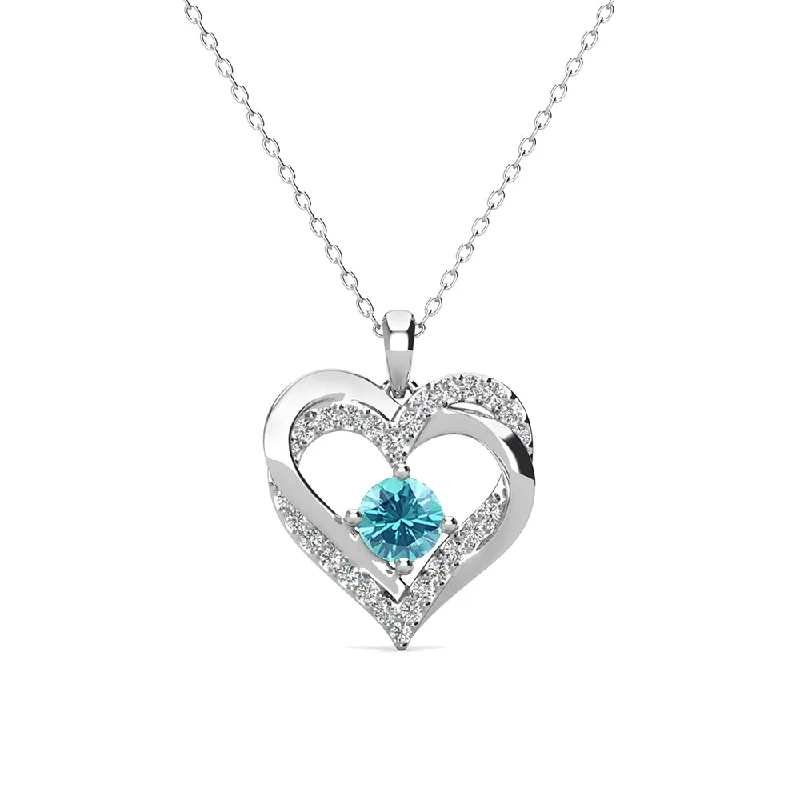 Forever March Birthstone 18k White Gold Plated Silver Double Heart Aquamarine Necklace with Swarovski Crystals