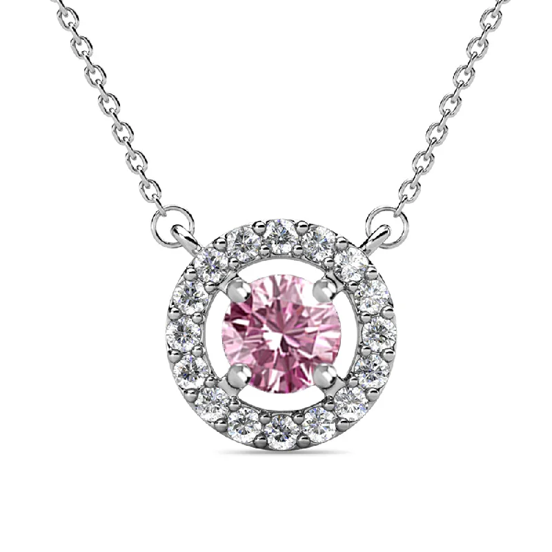 Royal 18k White Gold Plated October Birthstone Halo Necklace with Round Cut Pink Tourmaline Swarovski Crystals