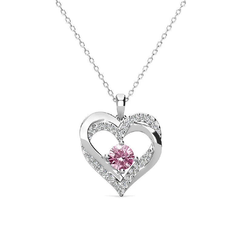 Forever October Birthstone 18k White Gold Plated Silver Double Heart Pink Tourmaline Necklace with Swarovski Crystals