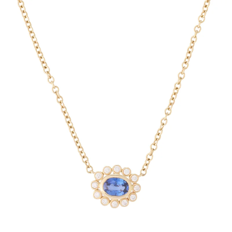 Sapphire Necklace with Bezel Diamond Halo