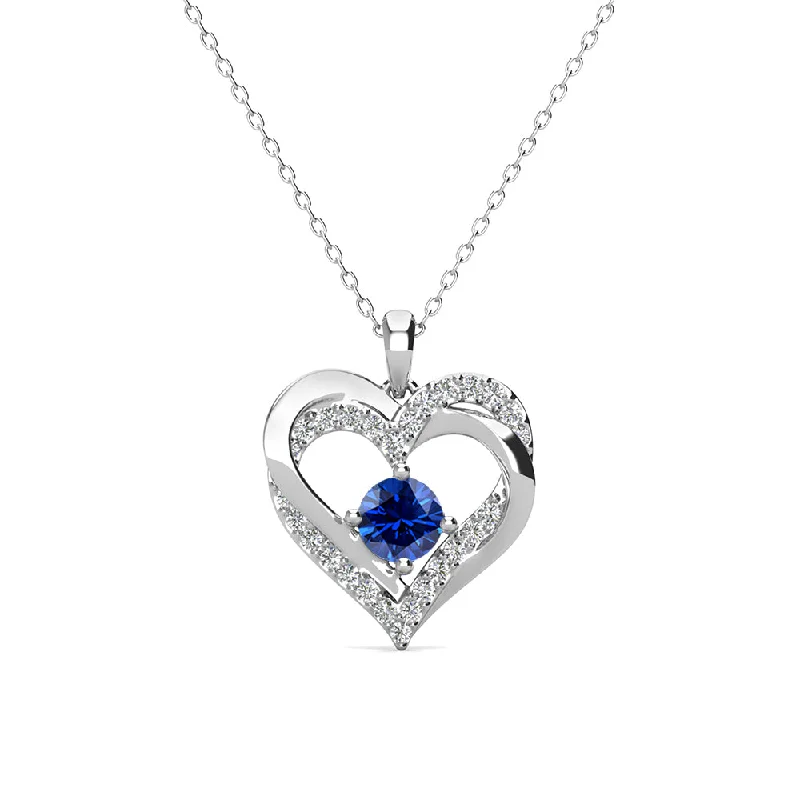 Forever September Birthstone 18k White Gold Plated Silver  Double Heart Sapphire Necklace with Swarovski Crystals