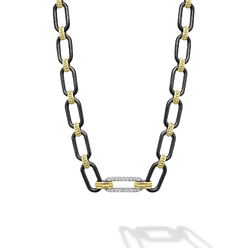 Signature Caviar 18K Gold and Black Ceramic Diamond Station Link Necklace | 6mm