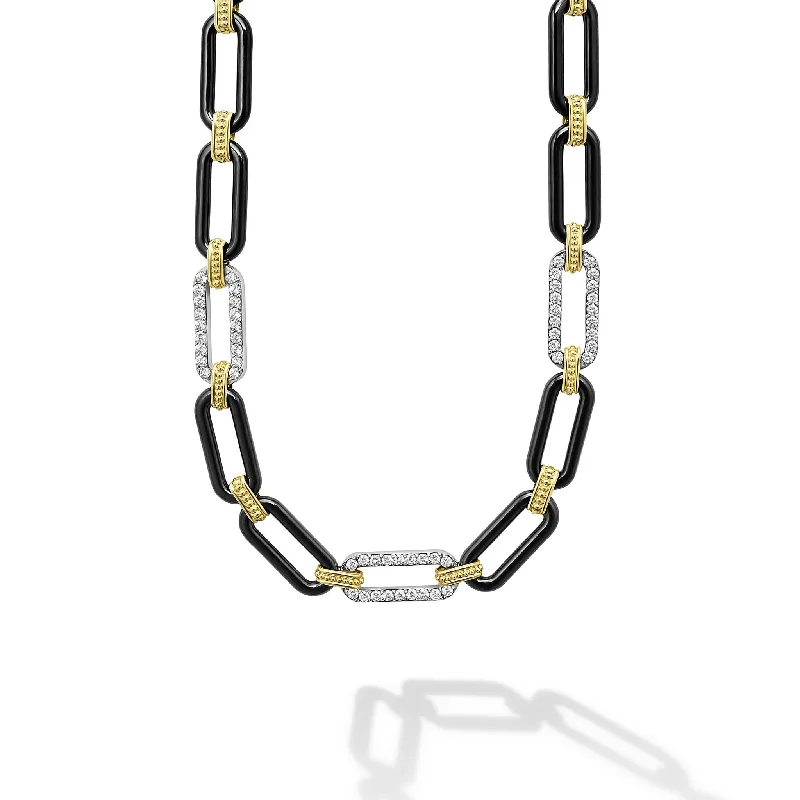 Signature Caviar 18K Gold and Black Ceramic Three Diamond Station Link Necklace | 9mm