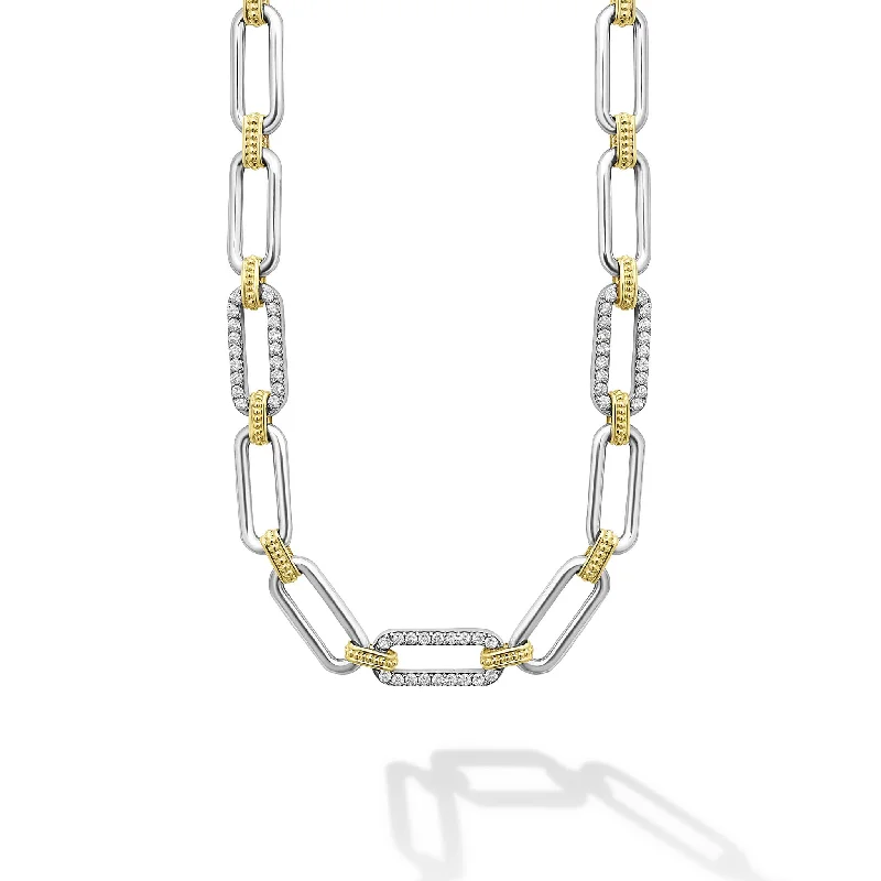 Signature Caviar Two-Tone Link Three Station Diamond Necklace