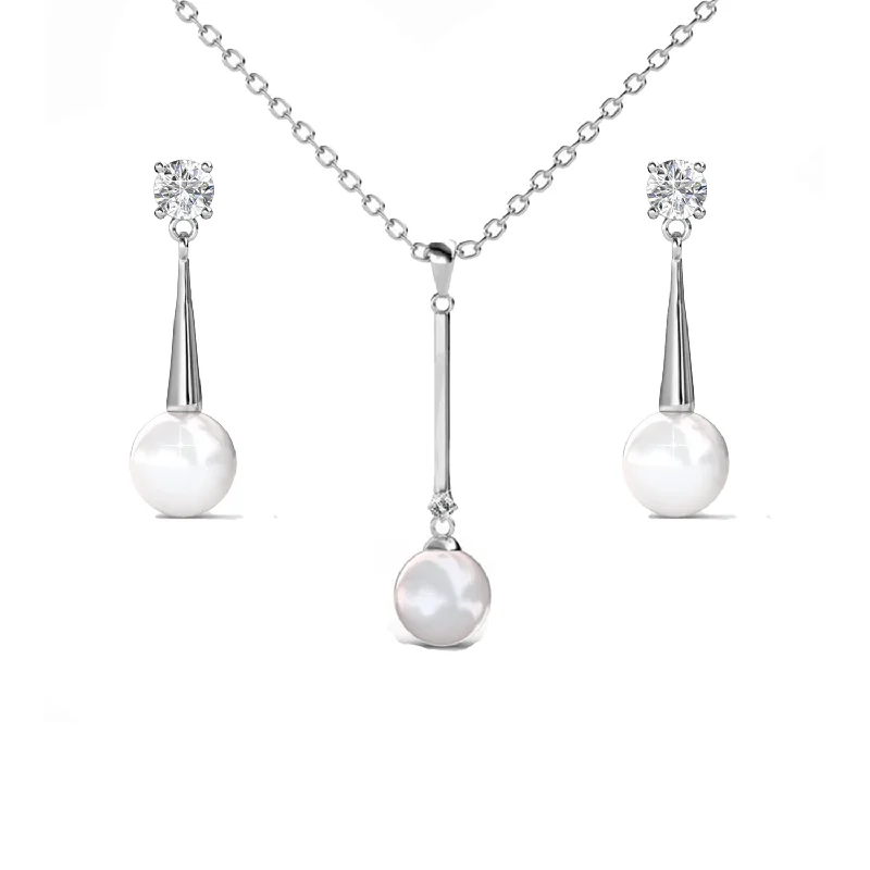 Tatum 18k White Gold Necklace and Drop Dangle Pearl Earrings Jewelry Set with Swarovski Crystals