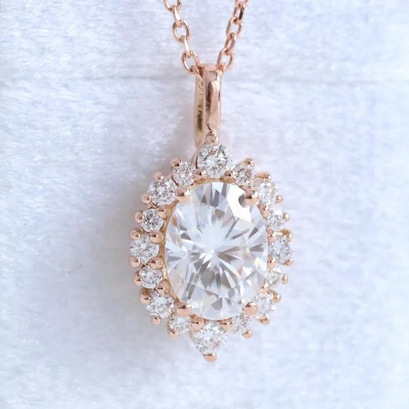 Oval Moissanite Diamond Necklace in 14k Gold Tiara Halo Pendant