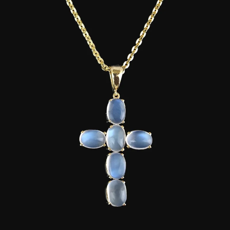 Vintage Cabochon Moonstone Cross Pendant in 14K Gold