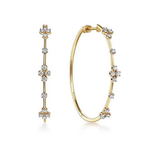 14K Yellow Gold Prong Set 40mm Round Classic Diamond Hoop Earrings