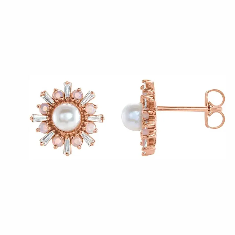 Akoya Pearl, Opal, and Diamond Halo Earrings