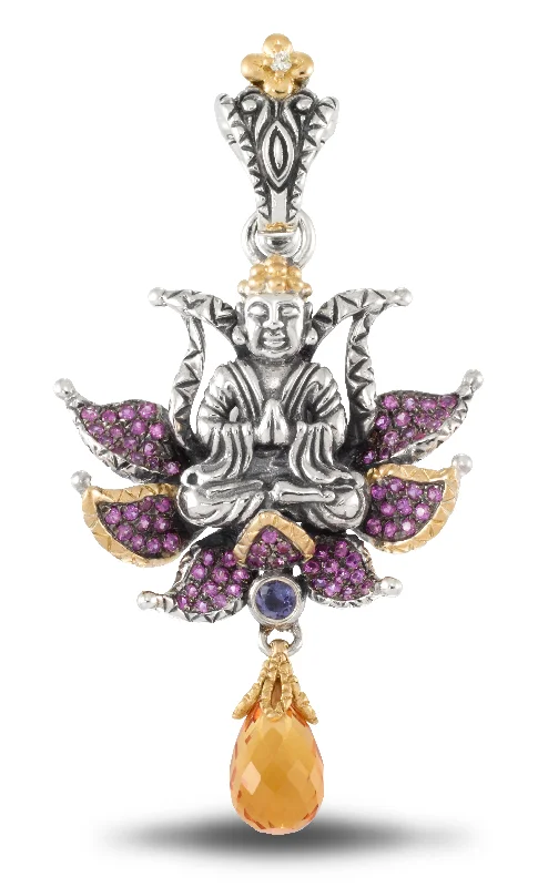 Buddha in Lotus Pendant - Diamond, Pink Sapphire, Citrine & Iolite