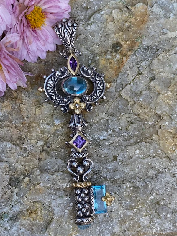 East West Gemstone Key- Blue Topaz & Amethyst