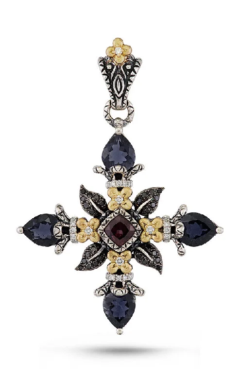 Cross Pendant –  Diamond, Iolite, Rhodolite & Black Diamond