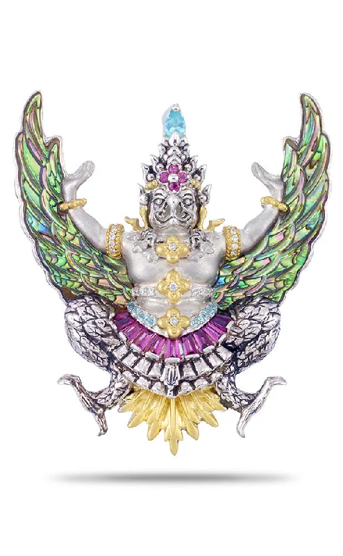 Garuda Pendant - Diamond, Apatite, Pink Garnet & Abalone