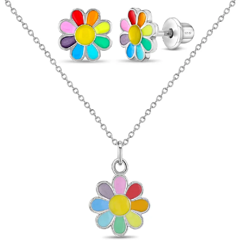 Huge Savings On Premium Jewelry Styles 925 Sterling Silver Rainbow Enamel Daisy Necklace Jewelry Set For Young Girls