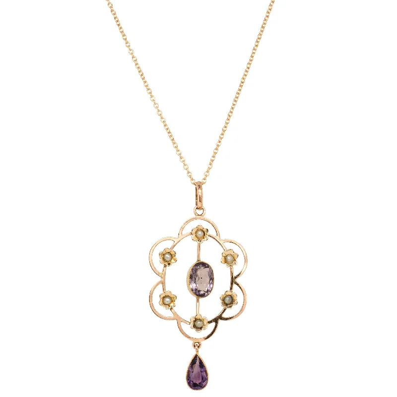 Fashion-Forward Geometric Jewelry For Contemporary Style Vintage 9ct Rose Gold Amethyst & Seed Pearl Pendant