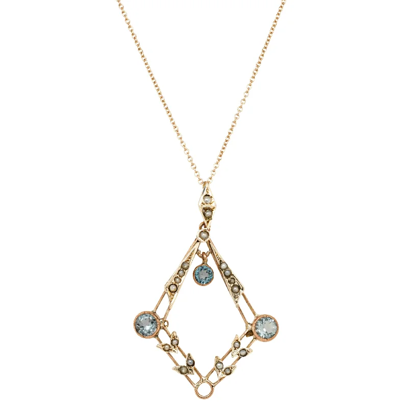 Romantic Heart-Shaped Jewelry For Special Gifts Vintage 9ct Rose Gold Aquamarine & Seed Pearl Pendant