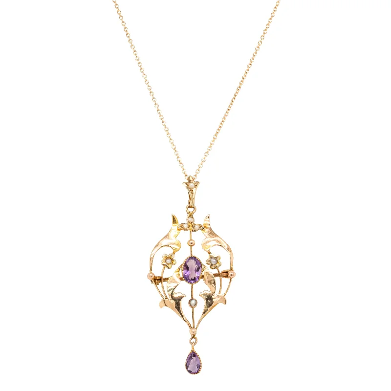 Trending Jewelry Now Available At Exclusive Prices Vintage 9ct Yellow Gold Amethyst & Seed Pearl Pendant / Brooch