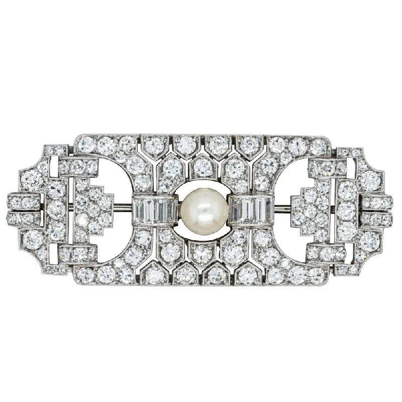 Delicate Crystal Jewelry For Sophisticated Charm Vintage Platinum 4.57ct Diamond and Pearl Brooch